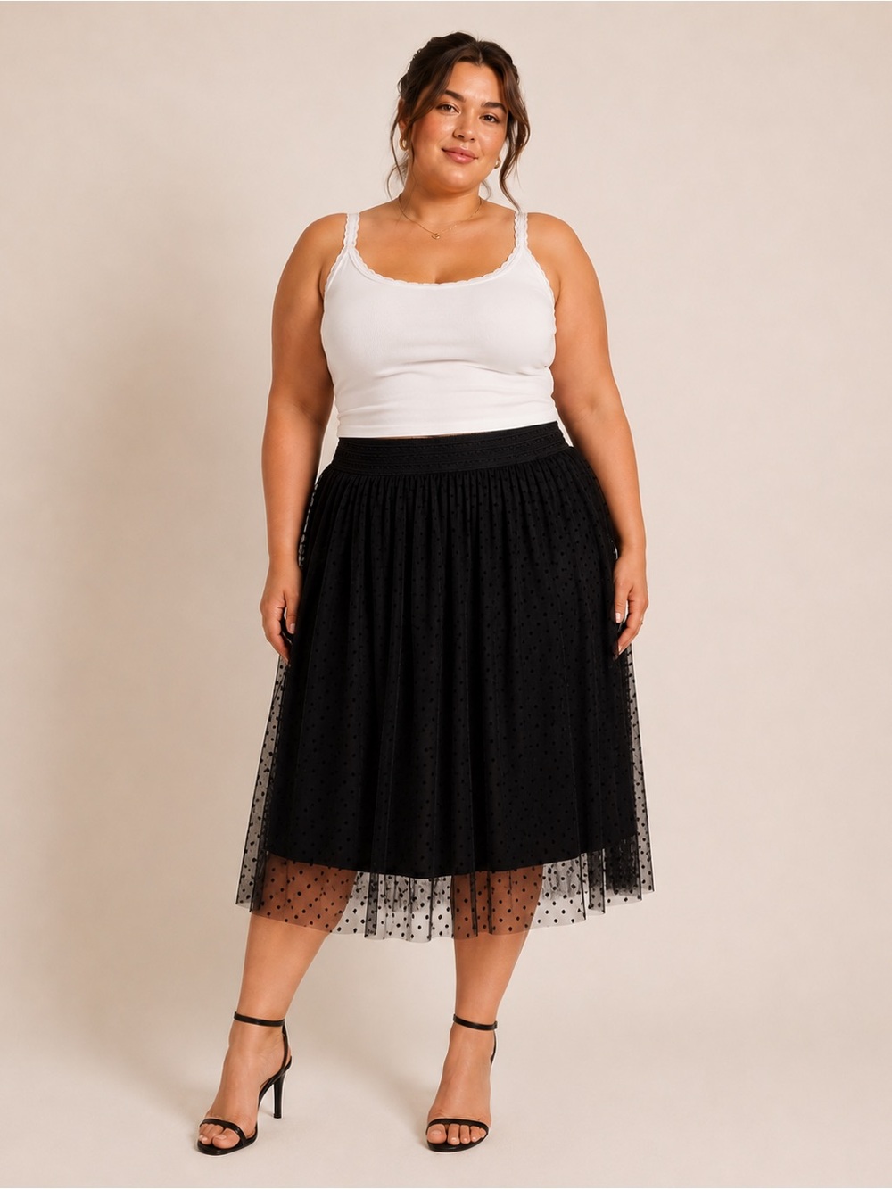 Black Tulle Midi Skirt - Women's Polka Dot Layered Skirt